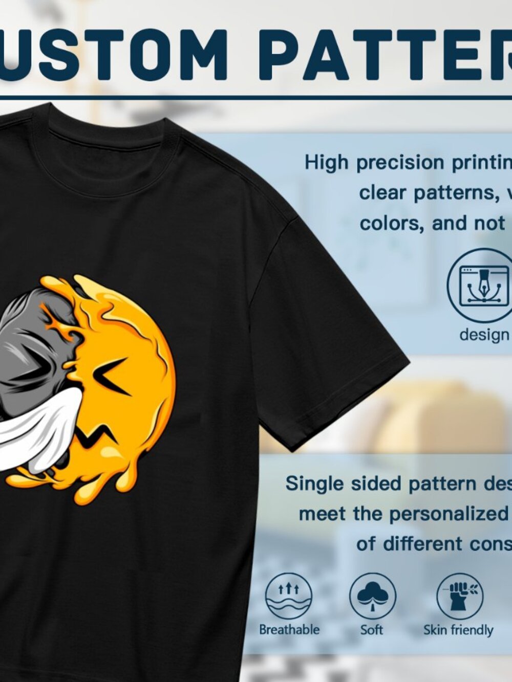 Black Short Sleeve Graphic Tee with Yellow & Gray Emoticon Print - Picture 2 of 5